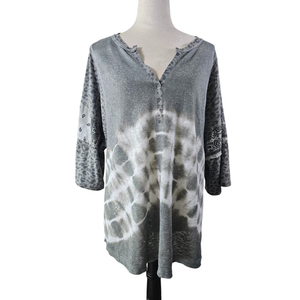 POL Tie Dye Tunic Top Gray Textured Long Sleeve Lagenlook Small